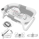 Groß Faltbare Babywanne mit Badematte, Baby Badewanne Faltbar mit Duschkopfanschluss & Integriertem Thermometer, Baby Wanne,Ergonomisch, Platz Sparen,Tragbare Badewanne Baby für Babys von 0-36 Monaten