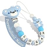 Yolnkos Schnullerkette mit Namen Jungen Mädchen Personalisiert Schnullerclip Teddy Bär(Hellblau)
