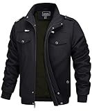 MAGCOMSEN Herren Military Jacke Leicht Übergangsjacke Winddichte Outdoorjacke Herbst Windjacke Baumwolle Fliegerjacke, Schwarz L