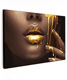MuchoWow© Bild auf Leinwand Groß 120x80 cm XXL Schlafzimmer Bilder Badezimmer Wand Deko Wohnzimmer Modern Wanddeko Bilderwand Geschenk Frau - Gold - Farbe - Lippen - Porträt