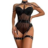 YOMORIO Dessous Damen Unterwäsche für Frau Bodysuit Lingerie Outfit Reizwäsche Sleepwear Babydoll Minikleid Tanga Sexy Negligee Strapsen Dessous Sexy Set mit Strumpfband Nachtwäsche M Schwarz