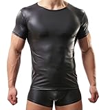 Crongless Herren Sexy T-Shirt,Lackleder Kurzarm Wetlook Top Unterhemd Fitness Latex Shirts Tank Top Slim Fit(XL)