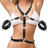 Punk Harness Damen Leder Fesseln Sex Set mit Handschellen und Choker Halsband,Gothic Kleidung Damen Body Brust Harness Bondage Set,Sexy Unterwäsche Dessous Damen für Sex,BDSM Sex Spielzeug Beide