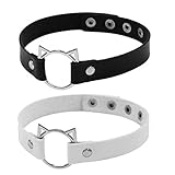 Jurxy 2 Stück Lederhalsband Halskette Eule Form Damen Leder Choker Metall Ring Halsband Gotik Punk Rock Lederband Einstellbar Kragen - Schwarz und Weiß