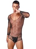 iEFiEL Transparent Herren Sissy Body Mesh Unterhemd String Body Träger Top Erotik Stringbody Dessous Xa Schwarz Langarm Einheitsgröße