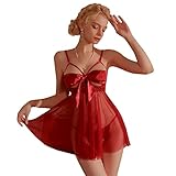 KONFEN Negligee Damen Sexy Nachtwäsche, Babydoll Lingerie Nachthemd Sleepwear Spitze, Tiefer V-Ausschnitt Bodysuit Unterwäsche Dessous Reizwäsche Set Offene Vorderseite mit G-String (Rot)