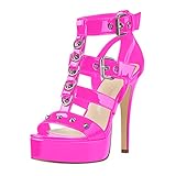 Only maker Damen Gotische Sandalen Punk Sandaletten High Heels T-Riemen Schaftsandalen mit Nieten Schnallen Lack Rosa 42 EU