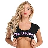 iEFiEL Damen Crop Tops Sexy Bauchfrei T-Shirt Kurzarm Mini Oberteil Baumwolle Damen Milkmaid Bluse Melkerin Tops Clubwear Schwarz (Slogan) One Size