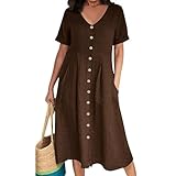 Tunika Kleid Damen Sommer Outfit Einfarbig Baumwolle Leinen V-Ausschnitt Halben Ärmel Bluse midikleid（Kaffee, S
