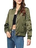 Rasujie Satin-Bomberjacke für Damen, Reißverschluss, Varsity-Jacke, Herbst, Windbreaker, Oberbekleidung mit Taschen, Pure Green, Small