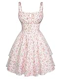 SCARLET DARKNESS Damen Freizeit Minikleid Lace Up mit Tasche Spaghetti Trägerkleid Weiß-Rosa Blumen M