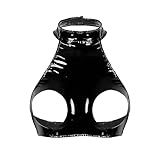 Damen Wetlook Leder Ouvert Dessous Set Neckholder Hebe BH Offene Nippel Brüste Sexy Crotchless G-String Offener Schritt Slip Reizwäsche Erotisch