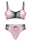 Aislor Herren Dessous Set Sissy Transparent BH Bustier+ String Tanga Mesh Nachtwäsche Unterwäsche Set Crossdresser Kleidung M-XXL Rosa XL