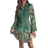 Generisch Blusenkleid Damen Herbst Hemdkleid V-Ausschnitt Herbstkleid Damen Lockeres Shirtkleid Langarm Blumenkleid Boho Elegant Hemdblusenkleid mit Tasche und Knopf Freizeitkleid Knielang