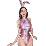 GKLWEJ Dessous sexy Set, Sexy Damen Body Laser Metallic mit Bunny Ears, Ärmellos Lack Leder Bodysuit High Cut, Dessous Damen Sexy Unterwäsche, Tanz-Kostüm Stage Glänzend Jumpsuit Clubwear,M