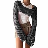 Generisch Damen Gothic Punk Alternative Langarm Crop Top Netz Top Schwarz S EU Größe One Shoulder Asymmetrisch Häkelpullover Netzoberteil Ausgehöhltes Design Winddicht Gute Wärmeleistung