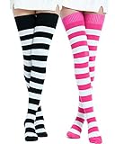 Kayhoma extra lange Socken aus Baumwolle mit Streifen, bis zum Oberschenkel/Kniehoch, Schwarz/Weiß & Fuschia/Weiß, Einheitsgröße