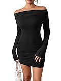 Haibang Figurbetontes Kleid Damen Elegant Schulterfreies Kleid Sexy Langarm Minikeid mit Rüschen Bodycon Bleistiftkleid Freizeitkleid Off Shoulder Partykleid Cocktailkleid Clubbing Kleid Kurz