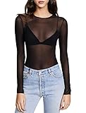 Kyerivs Damen-Netz-Top, sexy langärmlige, durchsichtige Bluse. - Schwarz - Klein