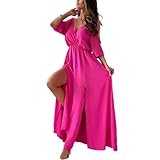 Elegantes, Sexy V-Ausschnitt-Kleid Mit Seitenschlitz Für Damen, Maxikleid Mit Tiefem V-Ausschnitt Und Sexy Seitenschlitzen Für Lange Kleider (Rosenrot,S)