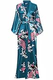 BABEYOND Damen Morgenmantel Maxi Seide Satin Kimono Kleid Pfau Muster Bademantel Damen Robe Schlafmantel Girl Pajama Party 135cm Lang (Türkis)