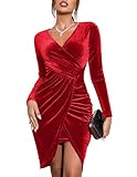 Zeagoo Damen Winterkleid Langarm Festlich Samtkleid V-Ausschnitt Enge Kleider figurbetont Cocktail Kleider Slim Fit Rot M