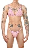 FEOYA Herren 2-teilige Dessous Set Sexy Crossdresser Transparente Spitze BH und Slips Set Männlich Einstellbare Bikini Set Sissy BH G-String Strings Unterwäsche Set Gay Dessous Rosa XL