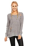 Damen Pullover Strickpullover Loch Pulli Langarm Rundhals Sweatshirt PU8999 Grau - One Size