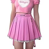 LittleForBig Damen A-Linie Plissee Faltenrock PU Kunstleder Glockenrock Lässig Spitzenverzierung Minirock - Unruhestifter Rosa XL