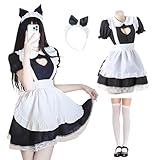 MeYuxg Maid Dress, Maid Outfit-Hohle Herzform, Anime French Maid Dress, Niedliche Maid Cosplay Kleid, Schwarz Maid Kostüm Mit Strümpfen und Haarband, Karneval, Rollenspiel(S)