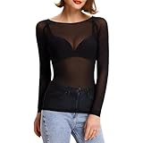 IKOPFLN 1 Stück Damen Sexy Netzoberteil Transparent Netz Oberteil Schwarz Mesh Sheer Top mit Rundhalsausschnitt für Clubwear, Netzoberteil Damen, Mesh Oberteil Damen, Partys und Alltagslooks,M