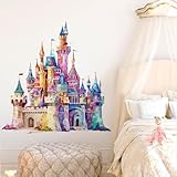 Runtoo Wandaufkleber mit Prinzessinnenschloss, für Mädchenzimmer, Aquarell-Märchen, zum Abziehen und Aufkleben, Kinderzimmer-Wanddekoration