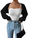 Achlibe Damen-Strickjacke, Bolero, Y2K, niedlicher Fledermausärmel, lange Ärmel, vorne offen, gerippter Strickmantel, A-schwarz, L