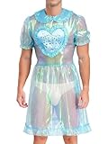 Eandarui Herren Sissy Outfit Dienstmädchen Lolita Cosplay Dessous Kleid Puffärmel Partykleid Transparent Midikleid Nachtclub Outfit Hellblau 3XL