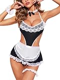 ROSVAY Sexy Dienstmädchen Uniform Dessous Kleid Damen Maid Cosplay Spitze Neckholder Kostüm Rollenspiel Sexy Frauen Nachtwäsche Reizwäsche Lingerie Rückenfrei für Halloween Weihnachten(Schwarz, S)