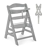 hauck Alpha+, Grey - Mitwachsender Holzhochstuhl aus Buche für Kinder ab 6 Monaten bis 90 kg - Inklusive 5 Punkt Gurt, Schrittgurt, Schutzbügel - Kompatibel mit viel Zubehör