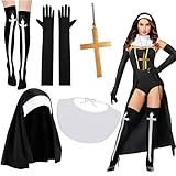 XEPST 5 STÜCK Nonnen Kostüm Für Frauen-Nonnen Outfit Zubehör Nonnen Kopfschmuck Nonnen Kragen Handschuhe Kreuz Anhänger Halskette Kniestrümpfe Halloween Kostüme für Frauen Cosplay Karneval Kostüm