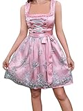 PLWEDDING Dirndl für Damen Rosa Ärmellos Knielanges Dirndlkleid für Damen mit Schleifengürtel am Dirndlschürze aus Satin, für Oktoberfest, Herbstfest & traditionelle(L)
