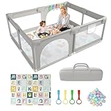 Laufstall Baby mit Matratze 180x150 cm, Kinder Laufstall mit weichem atmungsaktivem Netz, inklusive 50 Bällen, 4 X Zugringen,Extra großer laufgitter mit Aufbewahrungstasche
