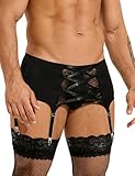 ohyeahlady Spitze Unterwäsche Herren Strumpfhalter Große Größen Ouvert Strumpfhose Sissy Dress Crossdresser Transparent Dessous Reizwäsche Gay Underwear Cosplay Garter Belt mit 4 Clips Schwarz S