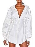 YILEEGOO Damen Sexy Mini Hemdkleid Lose Casual Hemd Langarm Kleid V Ausschnitt Langes Shirt Einfarbig Tops Gr. M, weiß