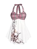 Rosegal Damen Tankini-Badeanzug-Set, Übergröße, kurvig, kariert, Totenkopf-Druck, rückenfrei, Gothic, bescheidener Tankini-Badeanzug, Pink, 3X