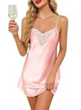 Lovasy Satin Nachthemd Damen Sexy Kurz Negligee Babydoll mit Verstellbaren Spaghettiträger V Ausschnitt Spitze Nachtkleid,Rosa,XXL