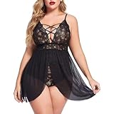 KFLY Damen Dessous Sexy Spitze Negligee Große Größen Babydoll Teddy V-Ausschnitt Lingerie Sets Kleid Mollig Transparent Unterwäsche Nachtwäsche Chemise Bodys für Frauen Hochzeit Ernennung