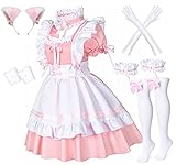 Anime French Maid Schürze, Lolita, Faschingskostüm, Cosplay Kostüm, pelzige Katze, Ohren, Handschuhe, Socken-Set, rose, X-Large