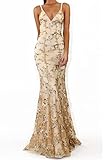 NLAVW Damen-Abendkleid, rosa, sexy, tiefer V-Ausschnitt, figurbetont, Mesh-Schlitz, Pailletten, Party, Abschlussball, formelle Kleider, reife Kleider,Gold,S