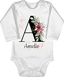 Baby Body langarm Mädchen Junge - Bekleidung kreativ Name und Anfangsbuchstabe - Buchstabe anpassbar - 3/6 Monate - Weiß - personalisierte lehrerin babybodys personalisierter buchstaben a