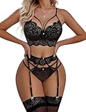 Lucyme Sexy Unterwäsche Für Frau Dessous Set Flirty Lingerie Babydoll Spitze Reizwäsche Strumpfhalter Erotisch Slip Ouvert Damen Schritt Offen Schwarz S