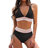 Bikini Damen Set Hohe Taille Zweiteiliger Bauchweg Badeanzug Color Block Bademode Push Up Oberteil mit Bikinihose Sexy Farbblock Badeanzüge Bauchkontrolle Strandbikini Badeanzug mit (B1-Black, XXL)