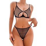 Dessous-Set Bügel Push Up Sexy Hot Damen Transparentes Oberteil BH und Slip Schnalle vorne 2 Stück Set Unterwäsche Babydoll Unterwäsche Spitze Netz Verstellbare Träger Nachtwäsche, Schwarz , L